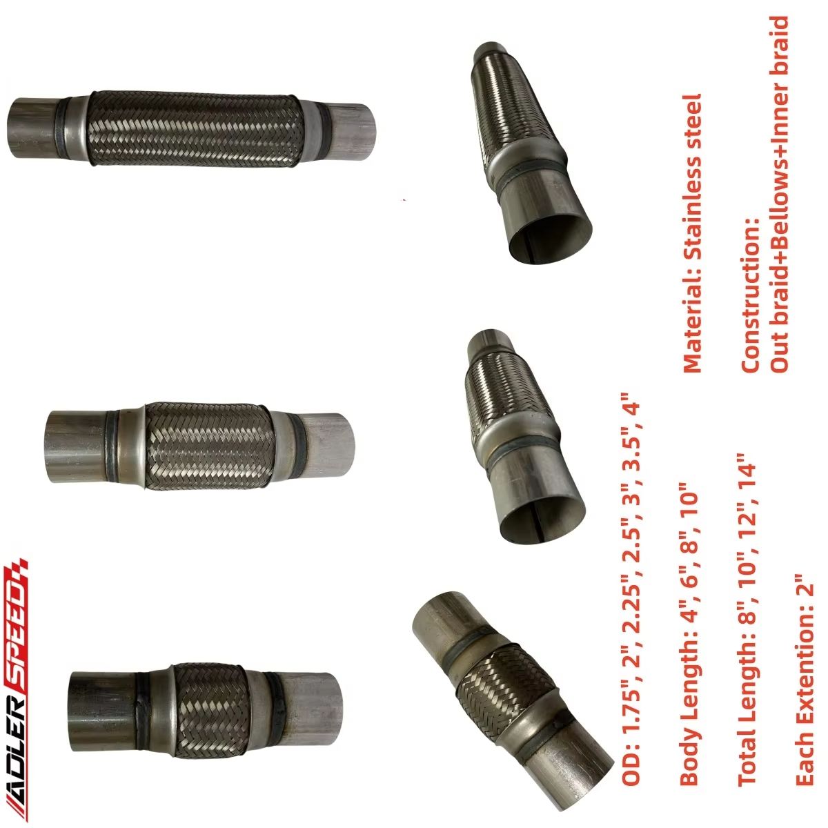 Exhaust Flex Pipe Braid Stainless Steel 2.5 - 1.75인치, 2인치, 2.25인치, 2.5인치, 3인치, 3.5인치,